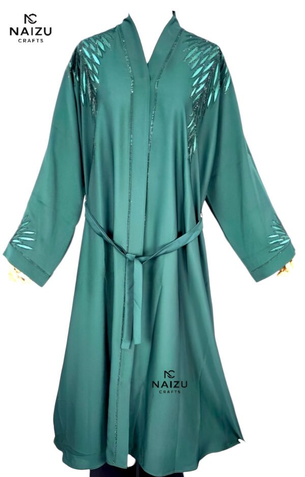 Green Embellished Abaya – Elegant Palm-Inspired Beadwork | Modest UAE Fashion - Image 3