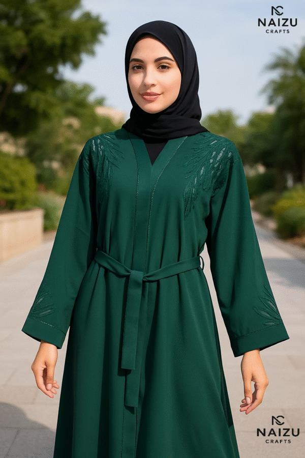 Green Embellished Abaya – Elegant Palm-Inspired Beadwork | Modest UAE Fashion - Image 2