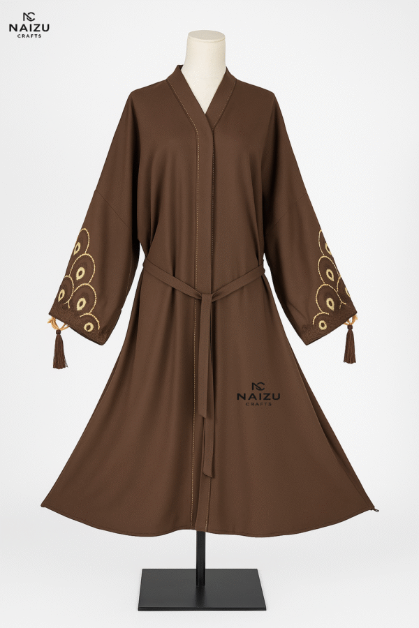 A unique brown embroidered abaya featuring elegant