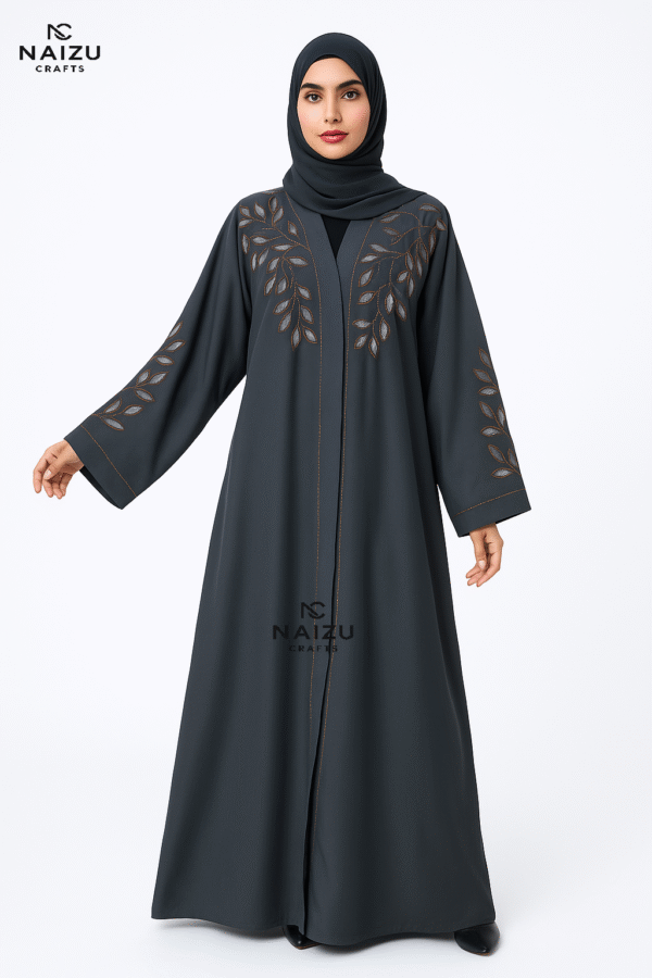 Dark Grey Embroidered Abaya – Leaf Motif Elegance for Modest UAE Fashion - Image 2