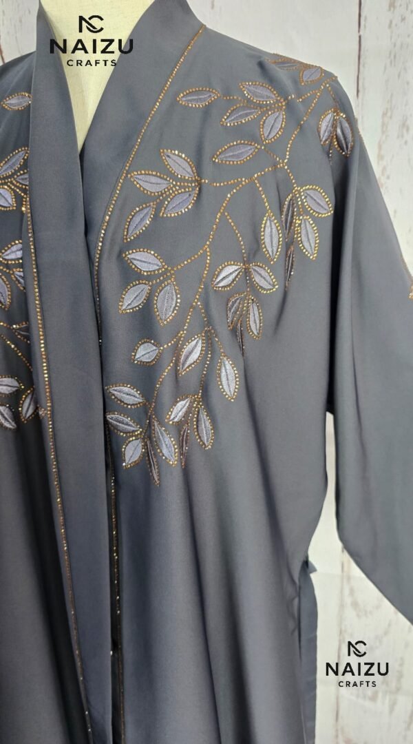 Dark Grey Embroidered Abaya – Leaf Motif Elegance for Modest UAE Fashion - Image 3